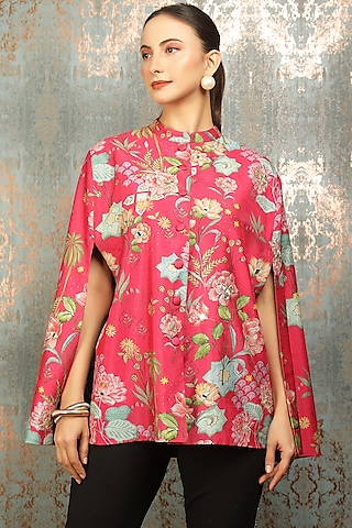 Hot Pink Raw Silk Printed & Mirror Work Cape by Tanu Malhotra