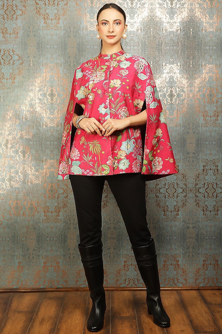 Hot Pink Raw Silk Printed & Mirror Work Cape by Tanu Malhotra at Pernia's Pop Up Shop