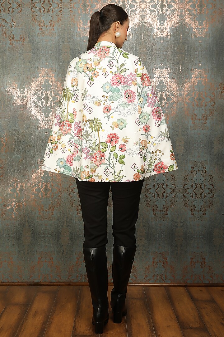 White Raw Silk Printed & Mirror Work Cape by Tanu Malhotra at Pernia's Pop Up Shop