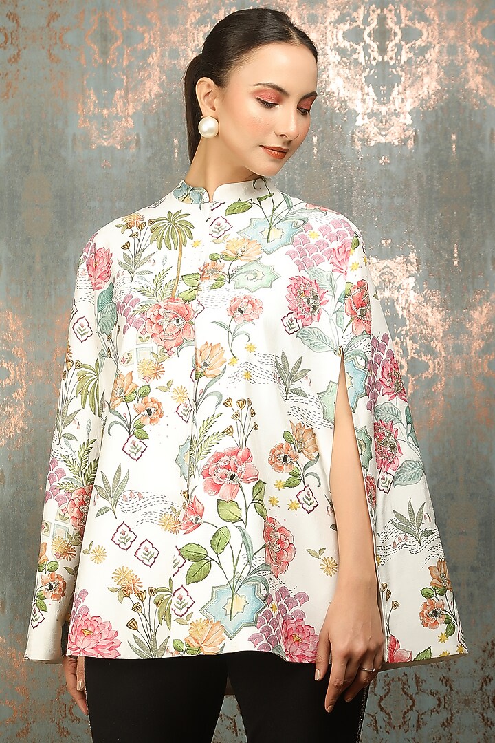 White Raw Silk Printed & Mirror Work Cape by Tanu Malhotra at Pernia's Pop Up Shop