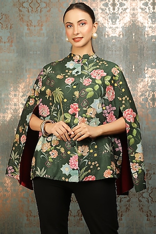 Green Raw Silk Printed & Mirror Work Cape by Tanu Malhotra