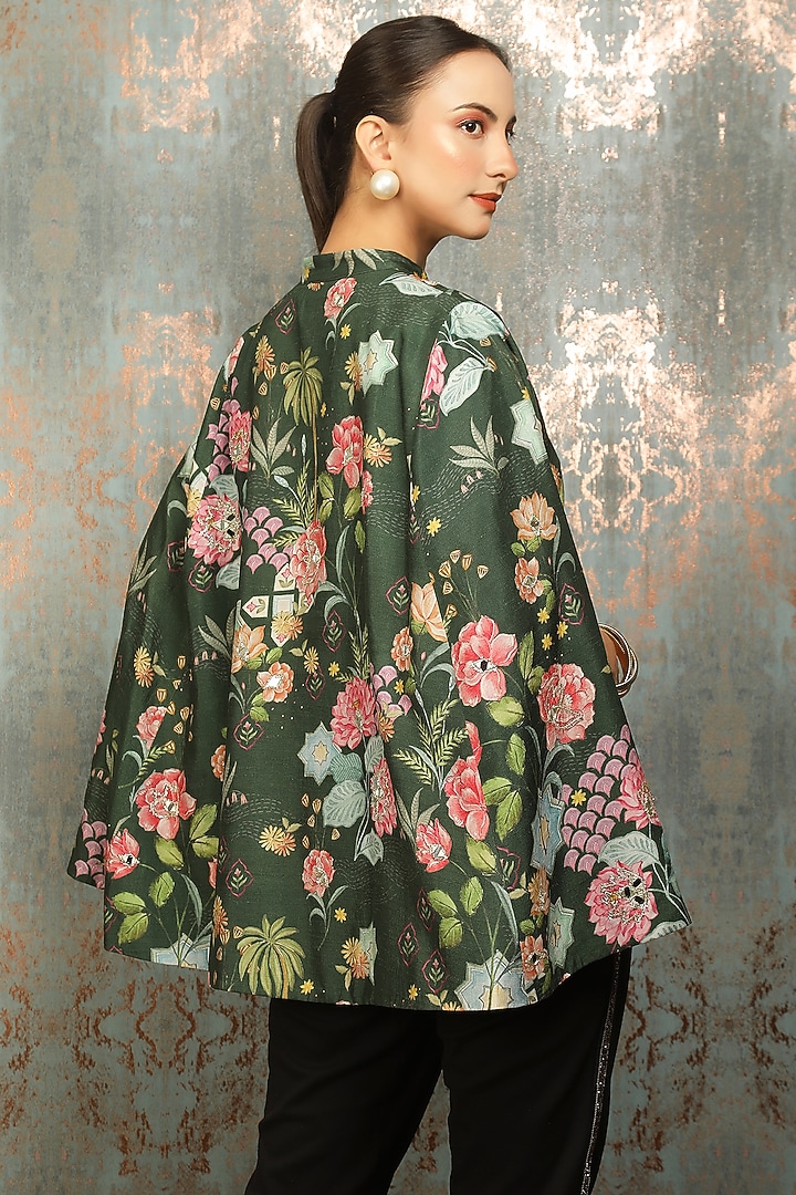 Green Raw Silk Printed & Mirror Work Cape by Tanu Malhotra at Pernia's Pop Up Shop