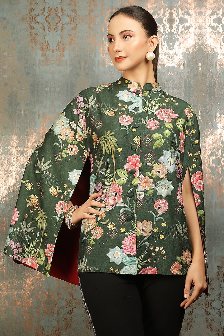 Green Raw Silk Printed & Mirror Work Cape by Tanu Malhotra at Pernia's Pop Up Shop