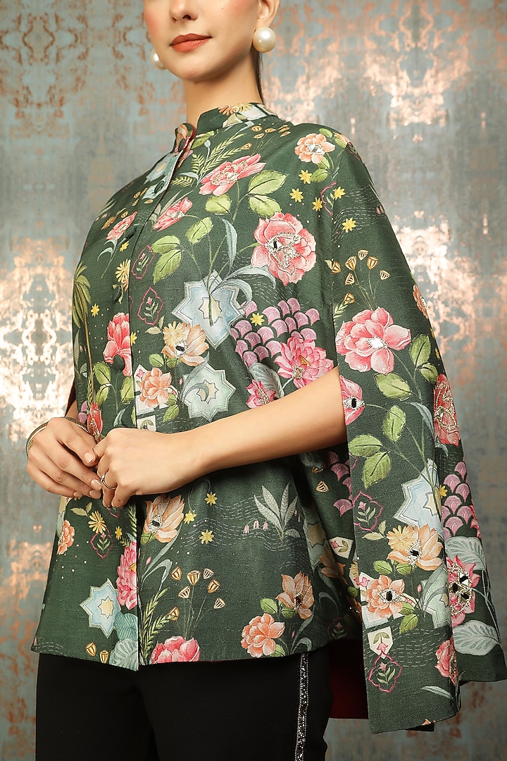 Green Raw Silk Printed & Mirror Work Cape by Tanu Malhotra at Pernia's Pop Up Shop