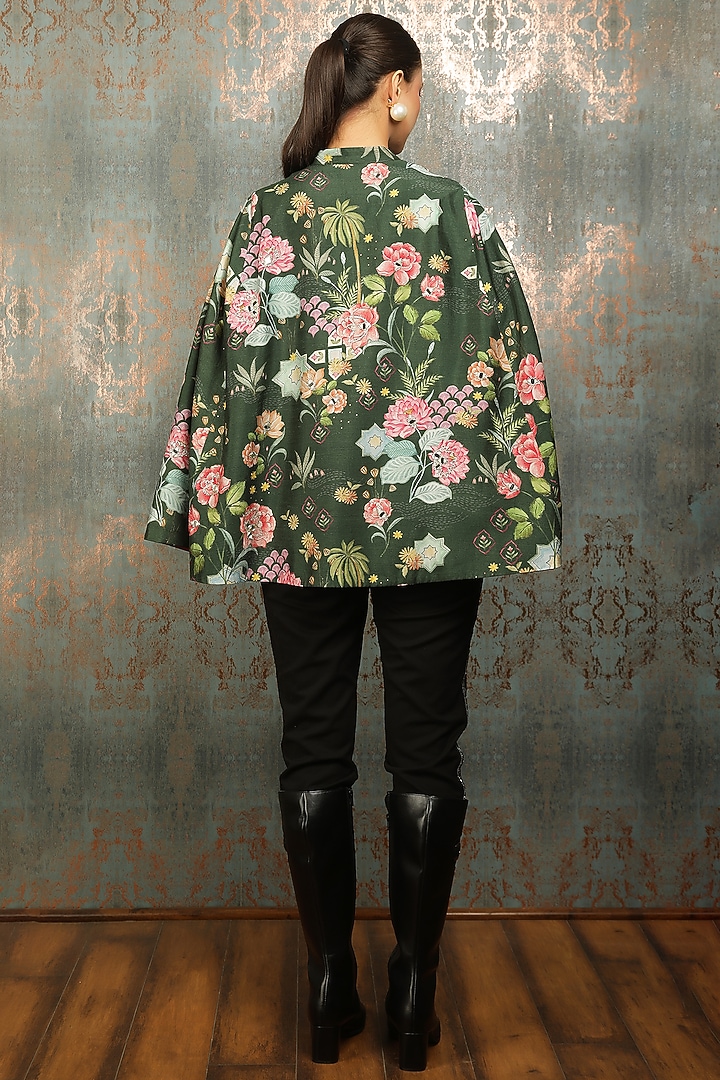 Green Raw Silk Printed & Mirror Work Cape by Tanu Malhotra at Pernia's Pop Up Shop
