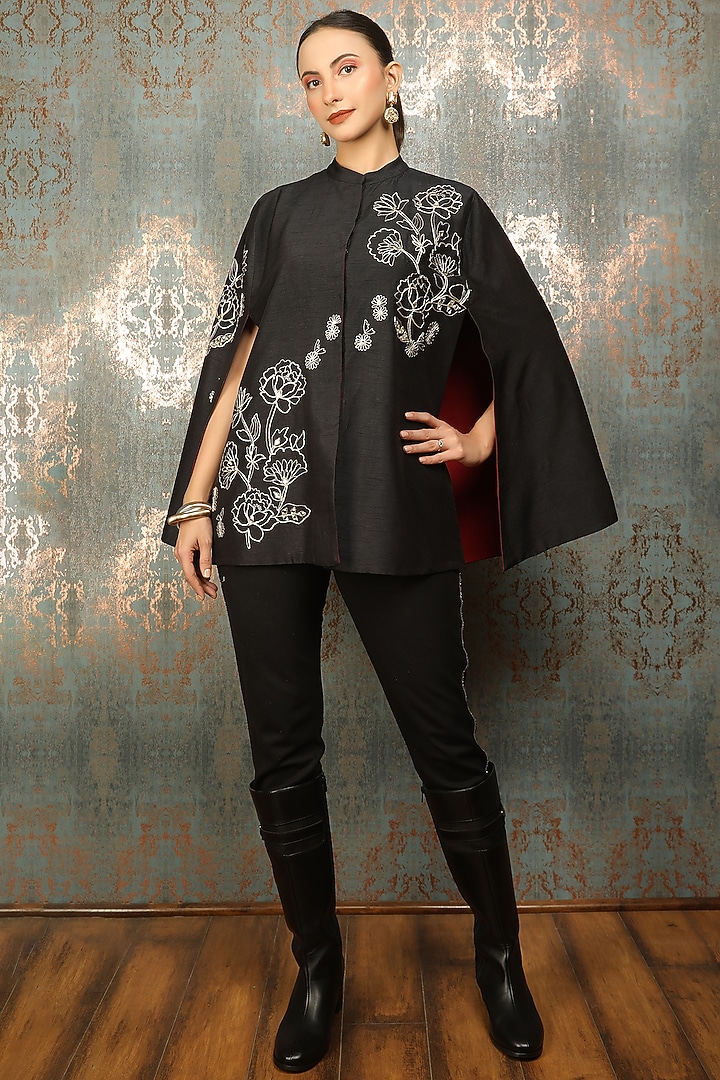 Black Raw Silk Floral Embroidered Cape by Tanu Malhotra at Pernia's Pop Up Shop