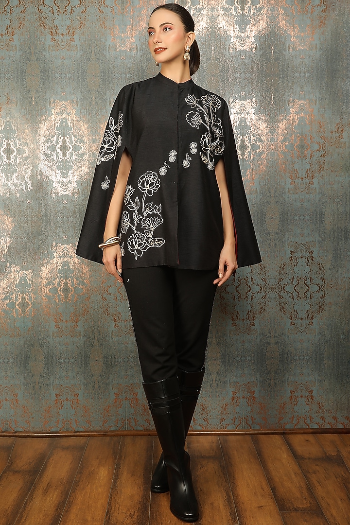 Black Raw Silk Floral Embroidered Cape by Tanu Malhotra at Pernia's Pop Up Shop