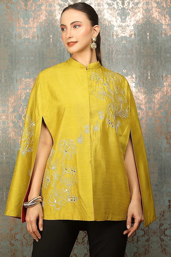 Mustard Green Raw Silk Floral Embroidered Cape by Tanu Malhotra at Pernia's Pop Up Shop