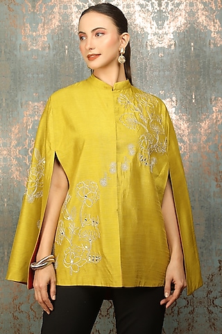 Mustard Green Raw Silk Floral Embroidered Cape by Tanu Malhotra