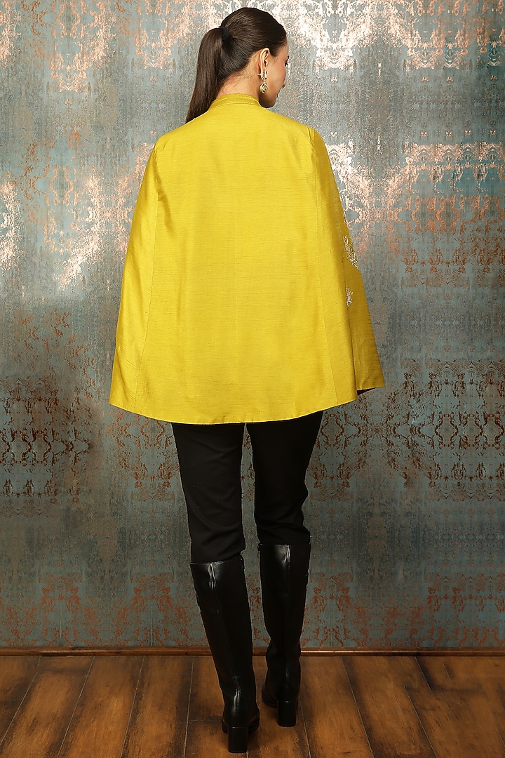 Mustard Green Raw Silk Floral Embroidered Cape by Tanu Malhotra at Pernia's Pop Up Shop