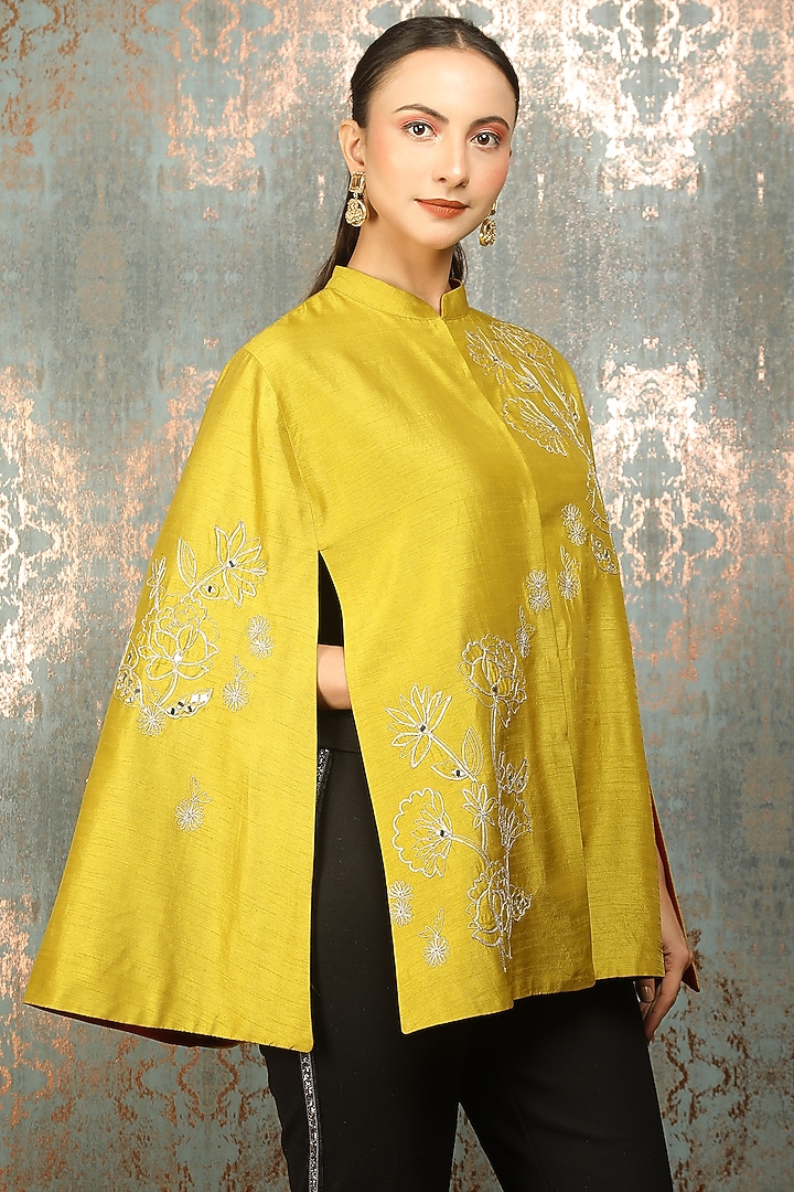 Mustard Green Raw Silk Floral Embroidered Cape by Tanu Malhotra at Pernia's Pop Up Shop