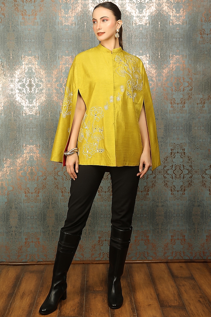 Mustard Green Raw Silk Floral Embroidered Cape by Tanu Malhotra at Pernia's Pop Up Shop