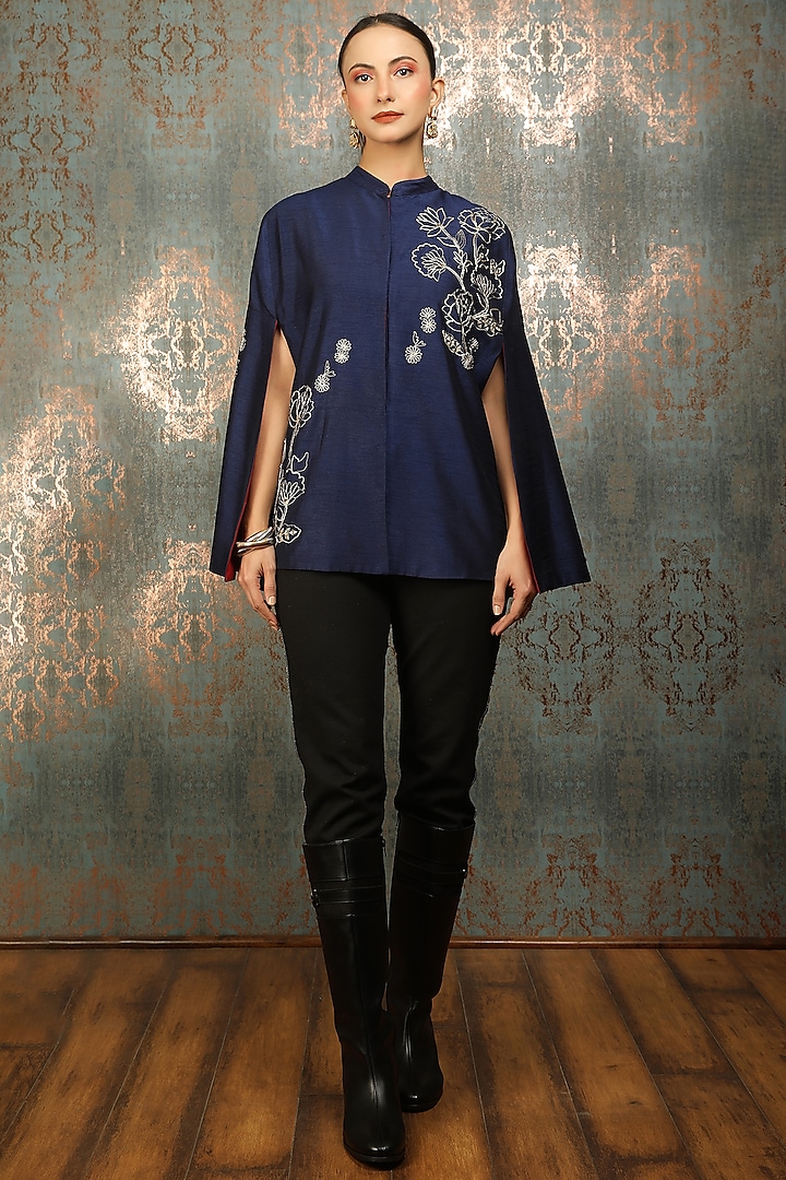 Blue Raw Silk Floral Embroidered Cape by Tanu Malhotra at Pernia's Pop Up Shop