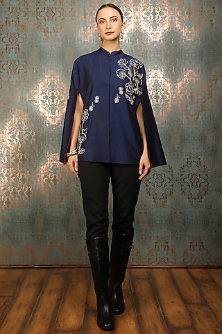 Blue Raw Silk Floral Embroidered Cape by Tanu Malhotra