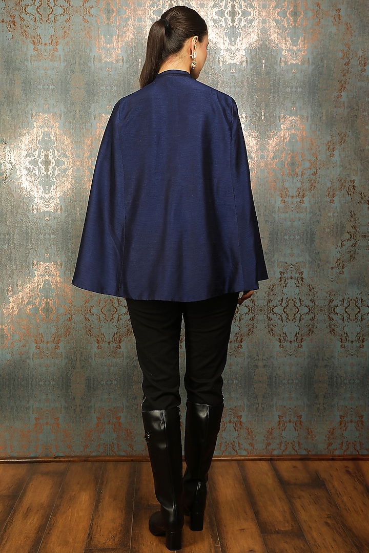 Blue Raw Silk Floral Embroidered Cape by Tanu Malhotra at Pernia's Pop Up Shop