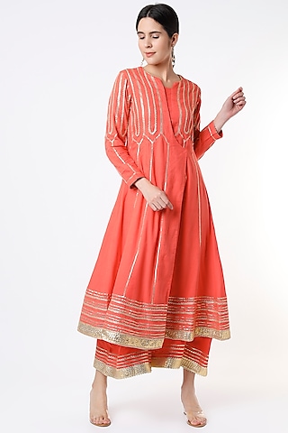 Carrot Red Embroidered Angrakha Anarkali Set by Tanu Malhotra