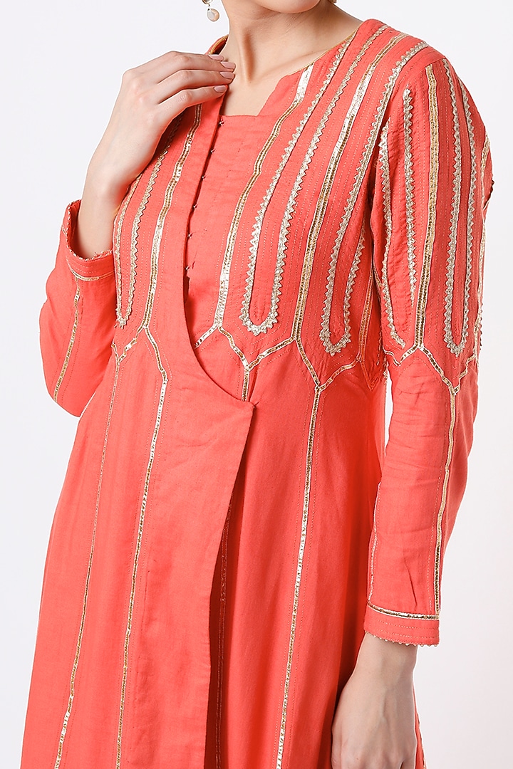 Carrot Red Embroidered Angrakha Party Wear Anarkali Set by Tanu Malhotra at Pernia's Pop Up Shop