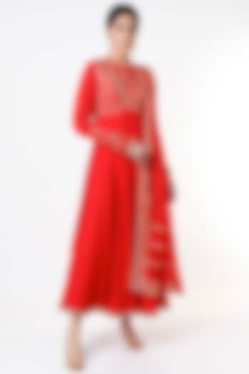 Bright Red Embroidered Party Wear Anarkali Set by Tanu Malhotra at Pernia's Pop Up Shop
