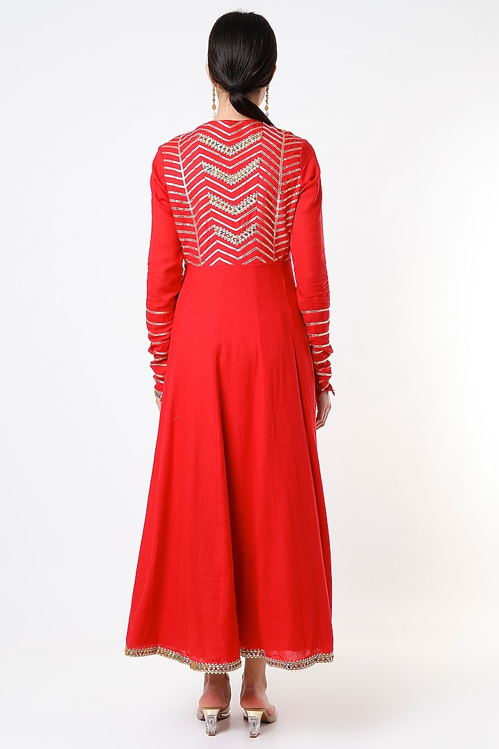 Bright Red Embroidered Party Wear Anarkali Set by Tanu Malhotra at Pernia's Pop Up Shop