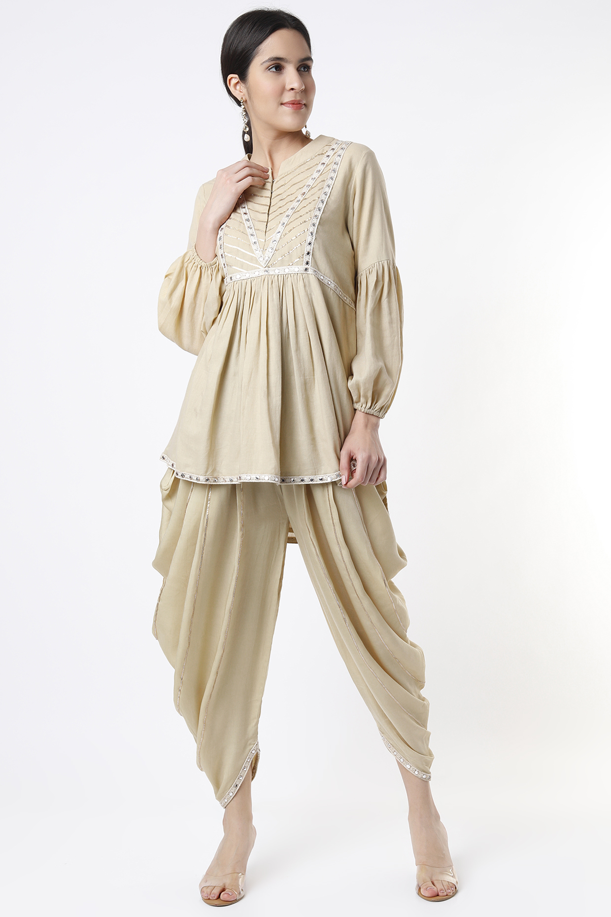 Beige Embroidered Tunic Set by Tanu Malhotra