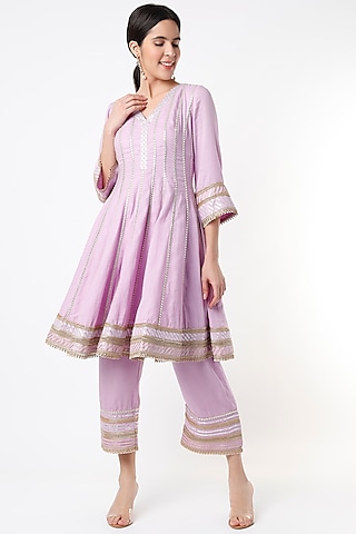 Lavender Embroidered Short Anarkali Set by Tanu Malhotra