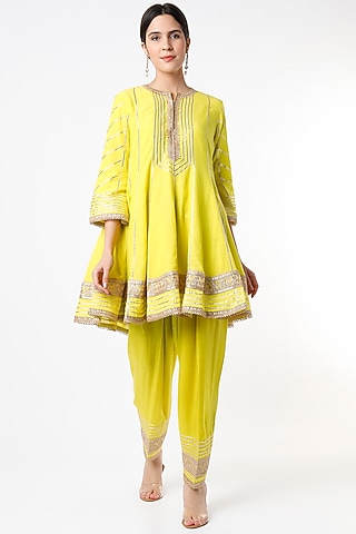 Lime Embroidered Short Anarkali Set by Tanu Malhotra