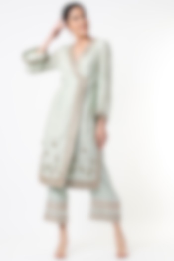 Sea Green Embroidered Angrakha Kurta Set by Tanu Malhotra at Pernia's Pop Up Shop