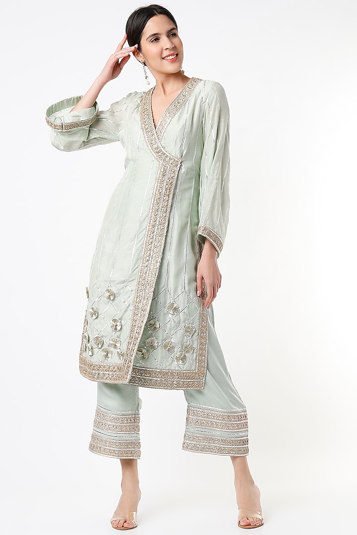 Sea Green Embroidered Angrakha Kurta Set by Tanu Malhotra