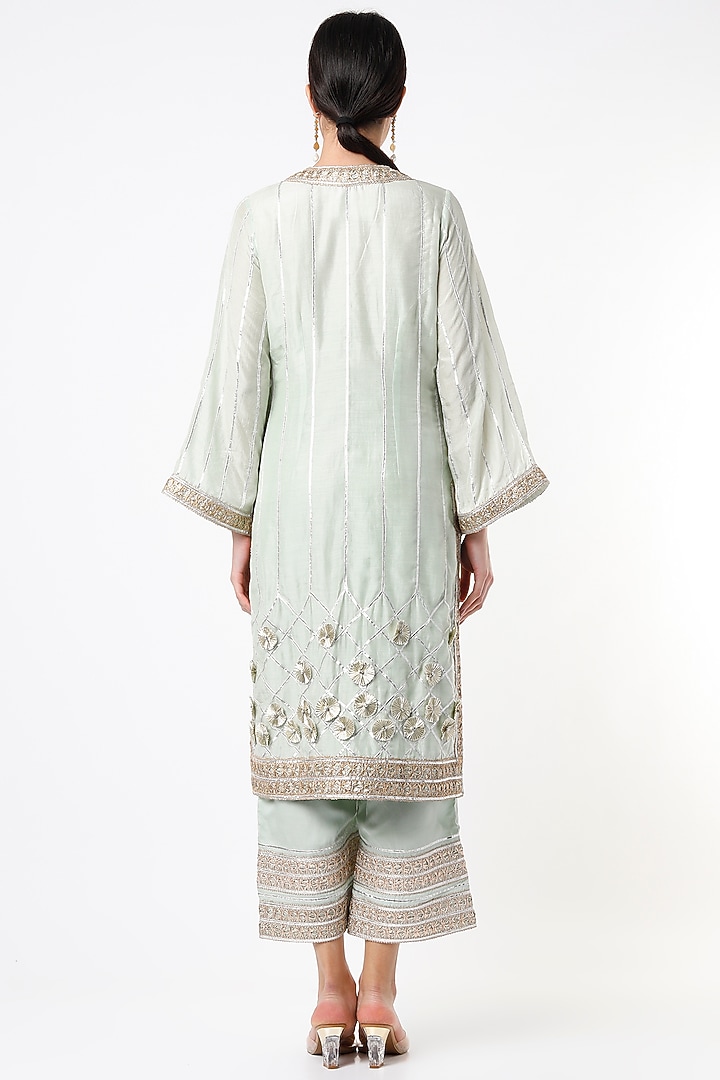 Sea Green Embroidered Angrakha Kurta Set by Tanu Malhotra at Pernia's Pop Up Shop