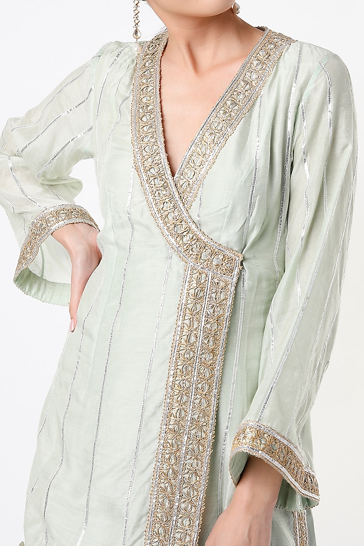 Sea Green Embroidered Angrakha Kurta Set by Tanu Malhotra at Pernia's Pop Up Shop