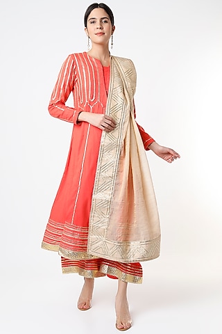 Cadmium Red Lace Embroidered Angrakha Anarkali Set by Tanu Malhotra
