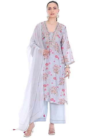 Blue Cotton Silk Floral Printed & Embroidered Kurta Set by Tanu Malhotra