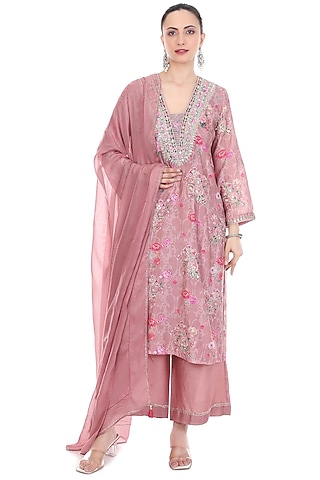 Pink Cotton Silk Floral Printed & Embroidered Kurta Set by Tanu Malhotra
