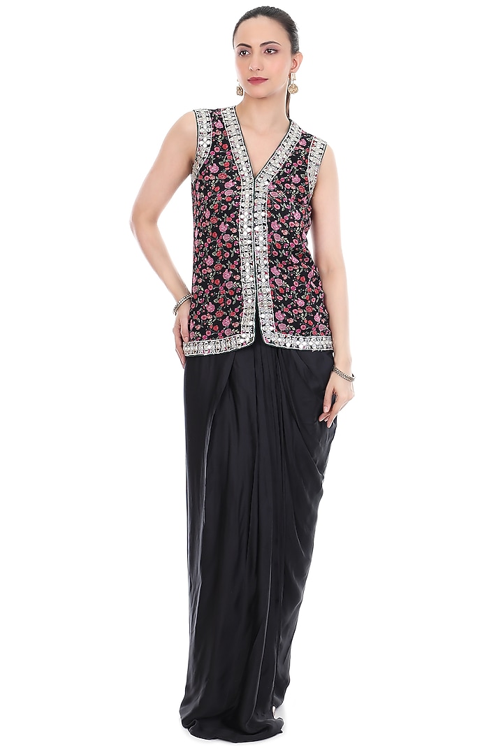 Black Modal Satin Mirror Embroidered Draped Skirt Set by Tanu Malhotra at Pernia's Pop Up Shop