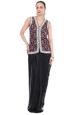 Black Modal Satin Mirror Embroidered Draped Skirt Set by Tanu Malhotra