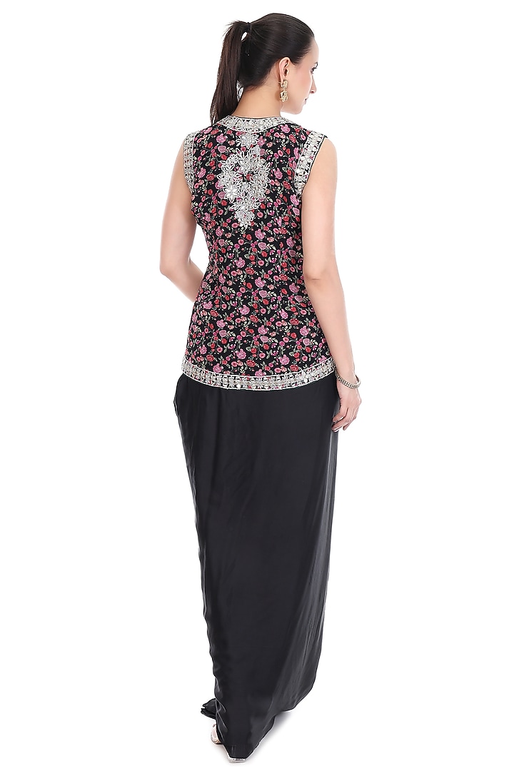 Black Modal Satin Mirror Embroidered Draped Skirt Set by Tanu Malhotra at Pernia's Pop Up Shop