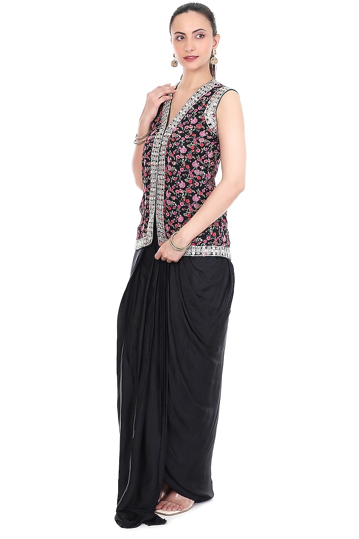 Black Modal Satin Mirror Embroidered Draped Skirt Set by Tanu Malhotra at Pernia's Pop Up Shop