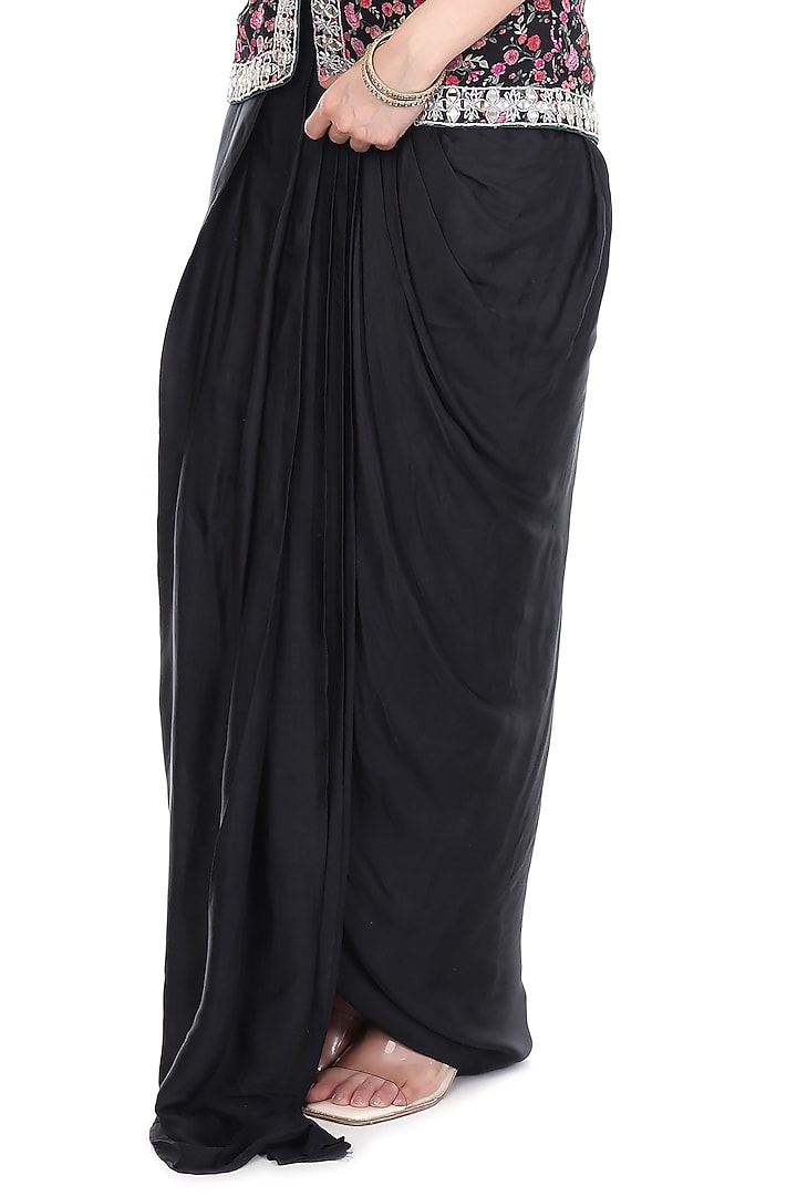 Black Modal Satin Mirror Embroidered Draped Skirt Set by Tanu Malhotra at Pernia's Pop Up Shop