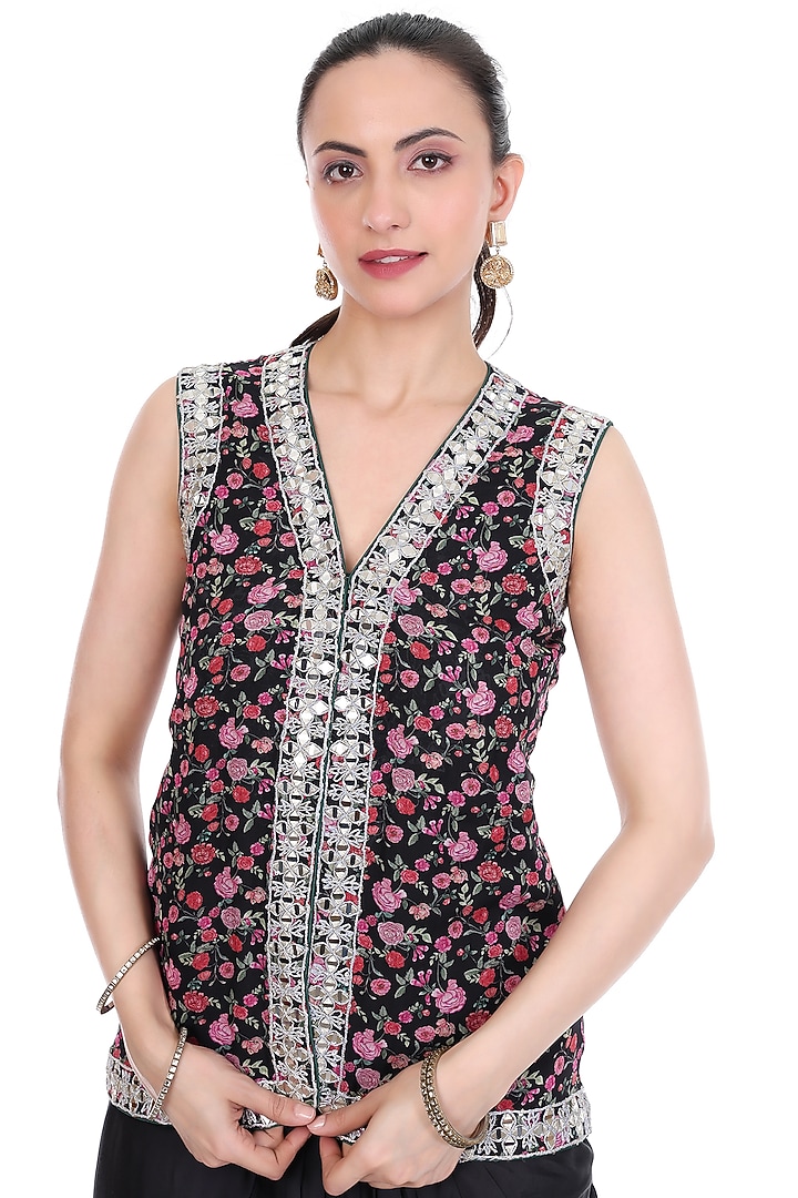 Black Modal Satin Mirror Embroidered Draped Skirt Set by Tanu Malhotra at Pernia's Pop Up Shop