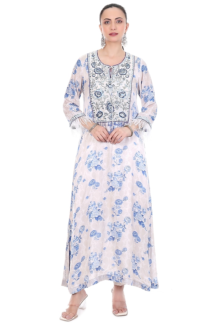 Blue & White Crepe Floral Printed & Embroidered Kaftan Set by Tanu Malhotra at Pernia's Pop Up Shop