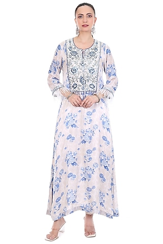 Blue & White Crepe Floral Printed & Embroidered Kaftan Set by Tanu Malhotra