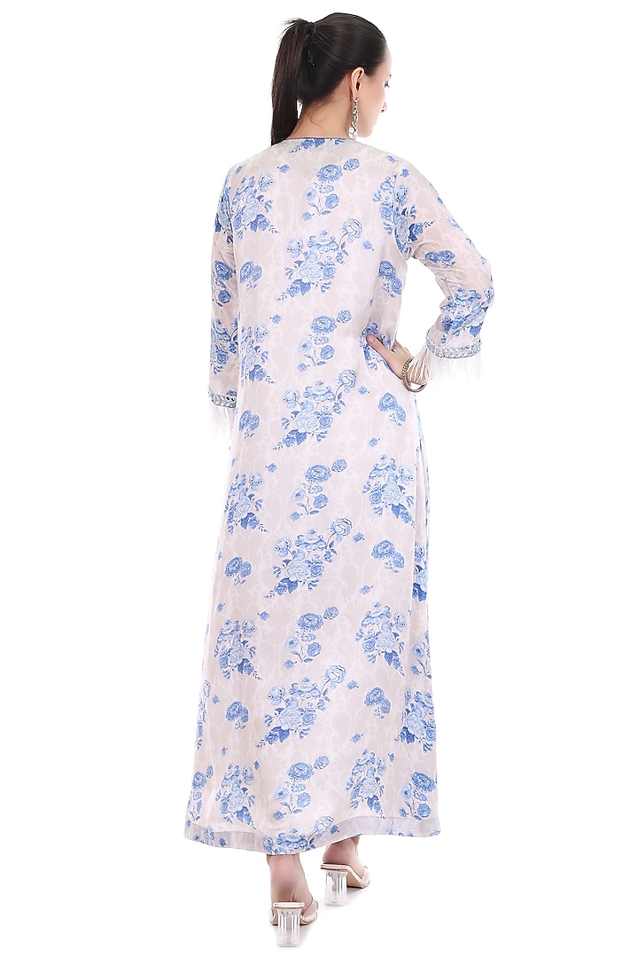 Blue & White Crepe Floral Printed & Embroidered Kaftan Set by Tanu Malhotra at Pernia's Pop Up Shop