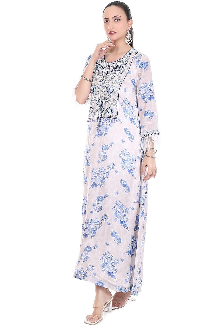 Blue & White Crepe Floral Printed & Embroidered Kaftan Set by Tanu Malhotra at Pernia's Pop Up Shop