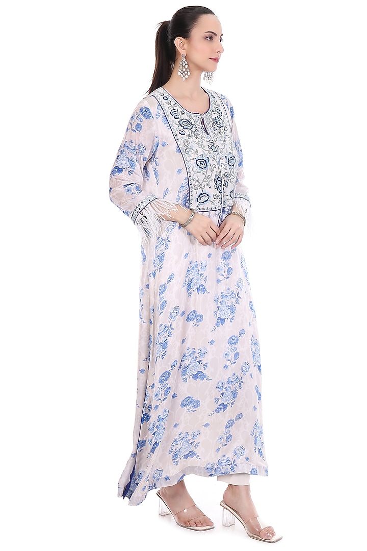 Blue & White Crepe Floral Printed & Embroidered Kaftan Set by Tanu Malhotra at Pernia's Pop Up Shop