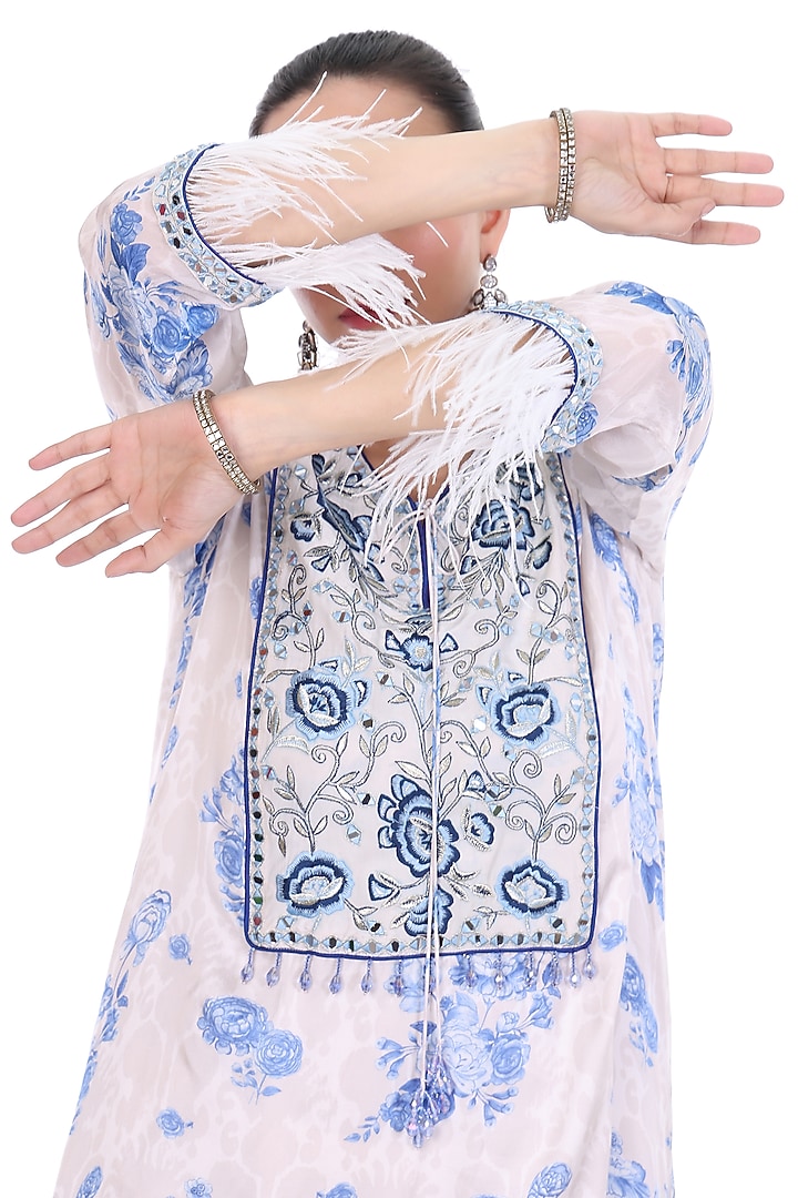 Blue & White Crepe Floral Printed & Embroidered Kaftan Set by Tanu Malhotra at Pernia's Pop Up Shop