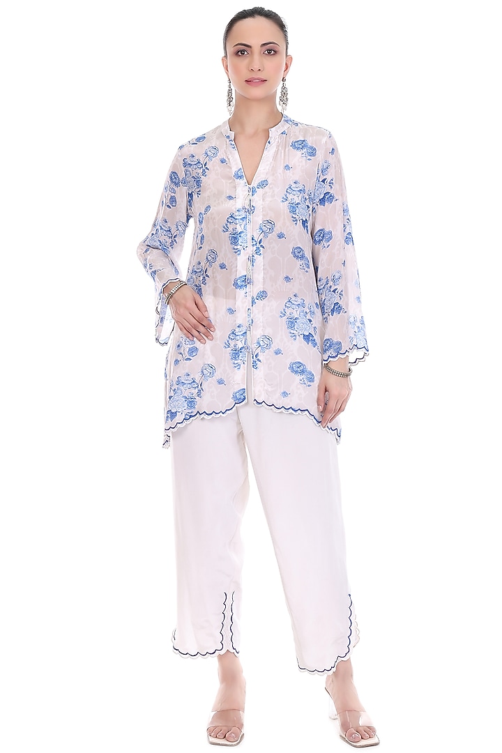 Blue & White Crepe Floral Printed Co-Ord Set by Tanu Malhotra at Pernia's Pop Up Shop