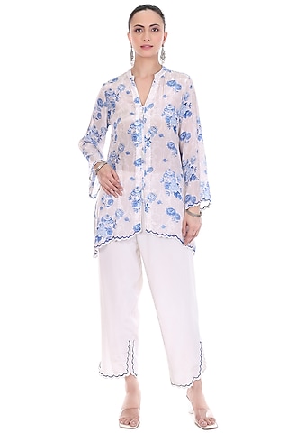 Blue & White Crepe Floral Printed Co-Ord Set by Tanu Malhotra