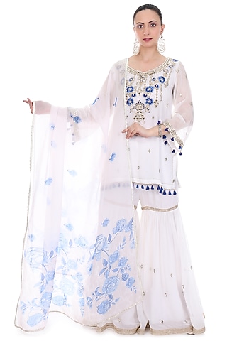 White Organza Mirror Embroidered Sharara Set by Tanu Malhotra