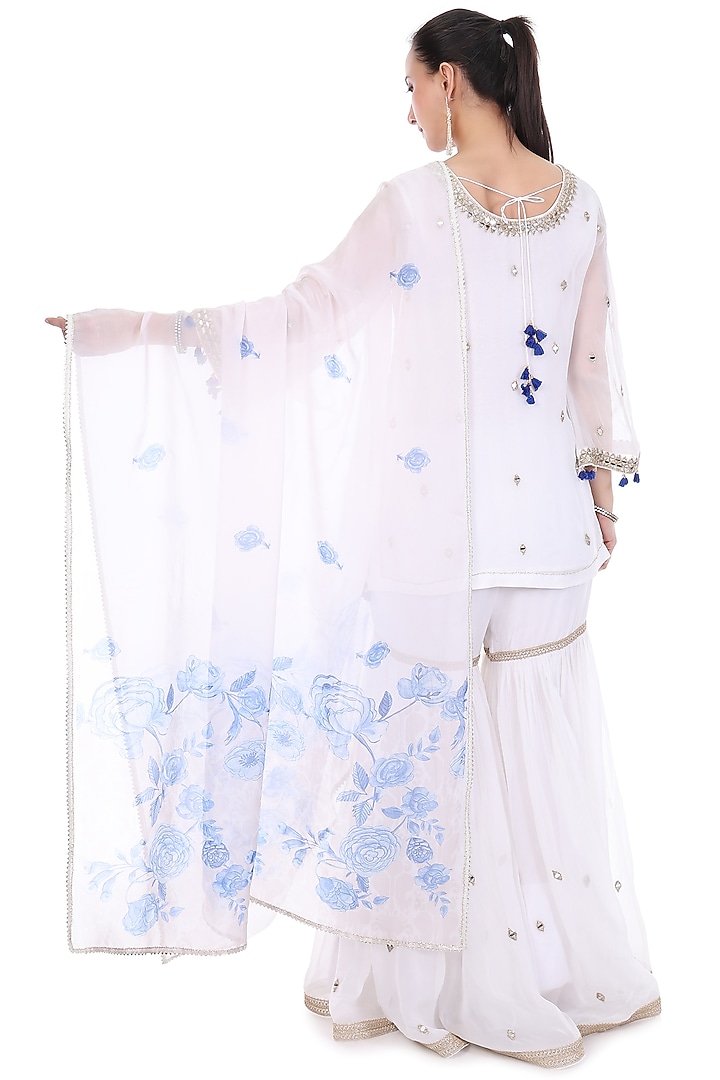 White Organza Mirror Embroidered Party Wear Sharara Set by Tanu Malhotra at Pernia's Pop Up Shop