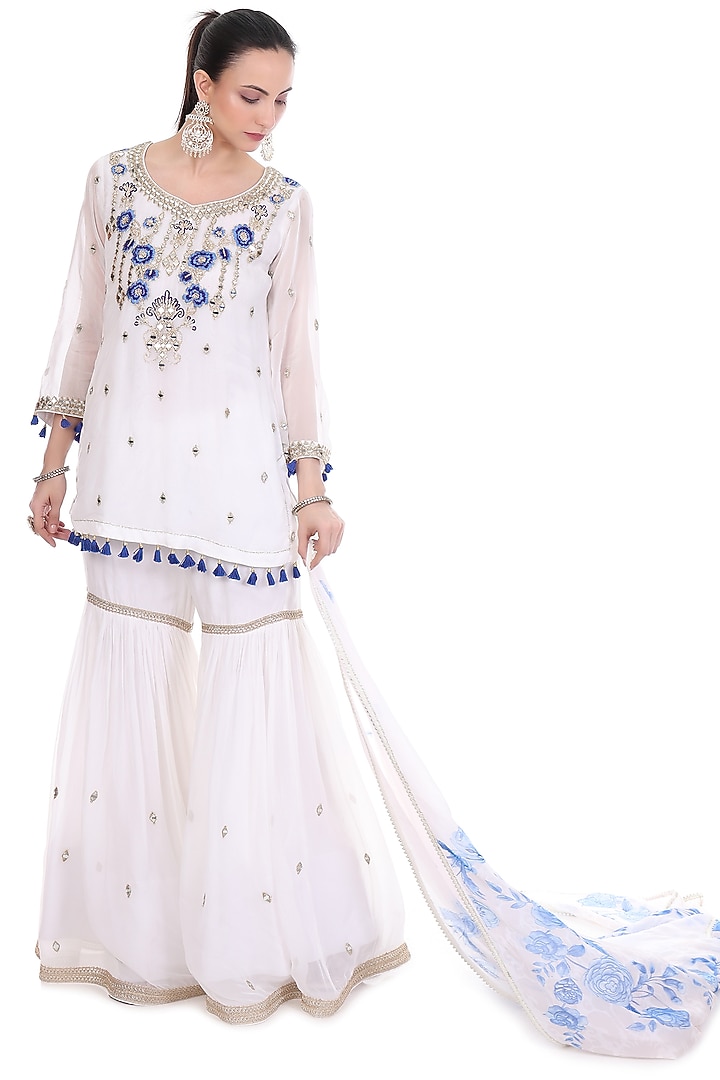 White Organza Mirror Embroidered Party Wear Sharara Set by Tanu Malhotra at Pernia's Pop Up Shop